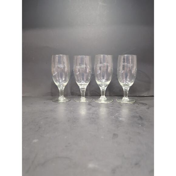 Footed Vintage Glass Juice Set, Floral Etched Blown Glass, UV Reactive, Set of 4 - Picture 3 of 10